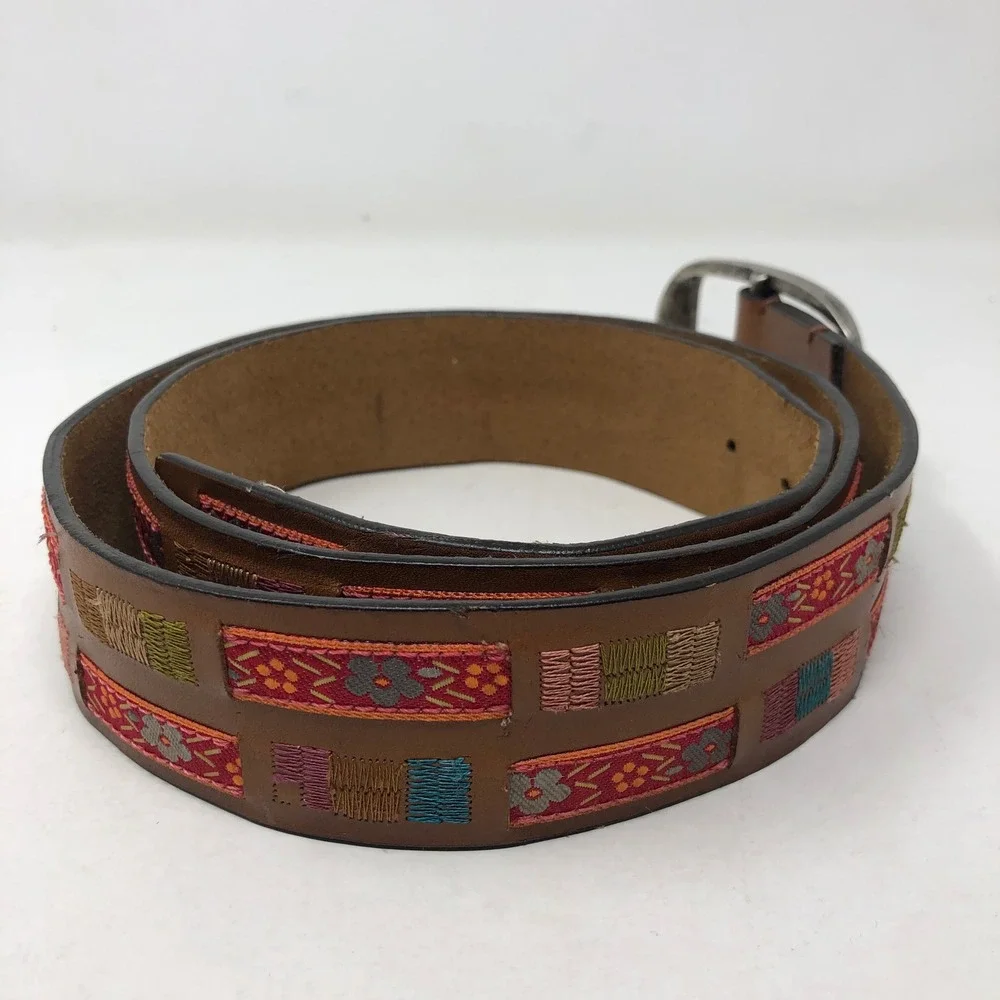 J.Jill Belt Womens Medium Brown Boho Embroidered Leather Floral Ribbon Silver